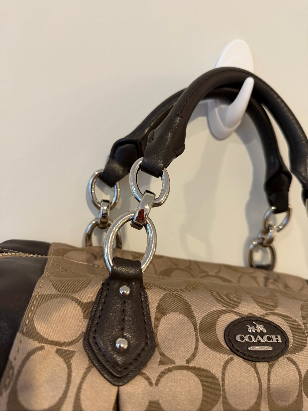 Coach Khaki Signature Jacquard Satchel with Black Leather Trim - Picture 4 of 12